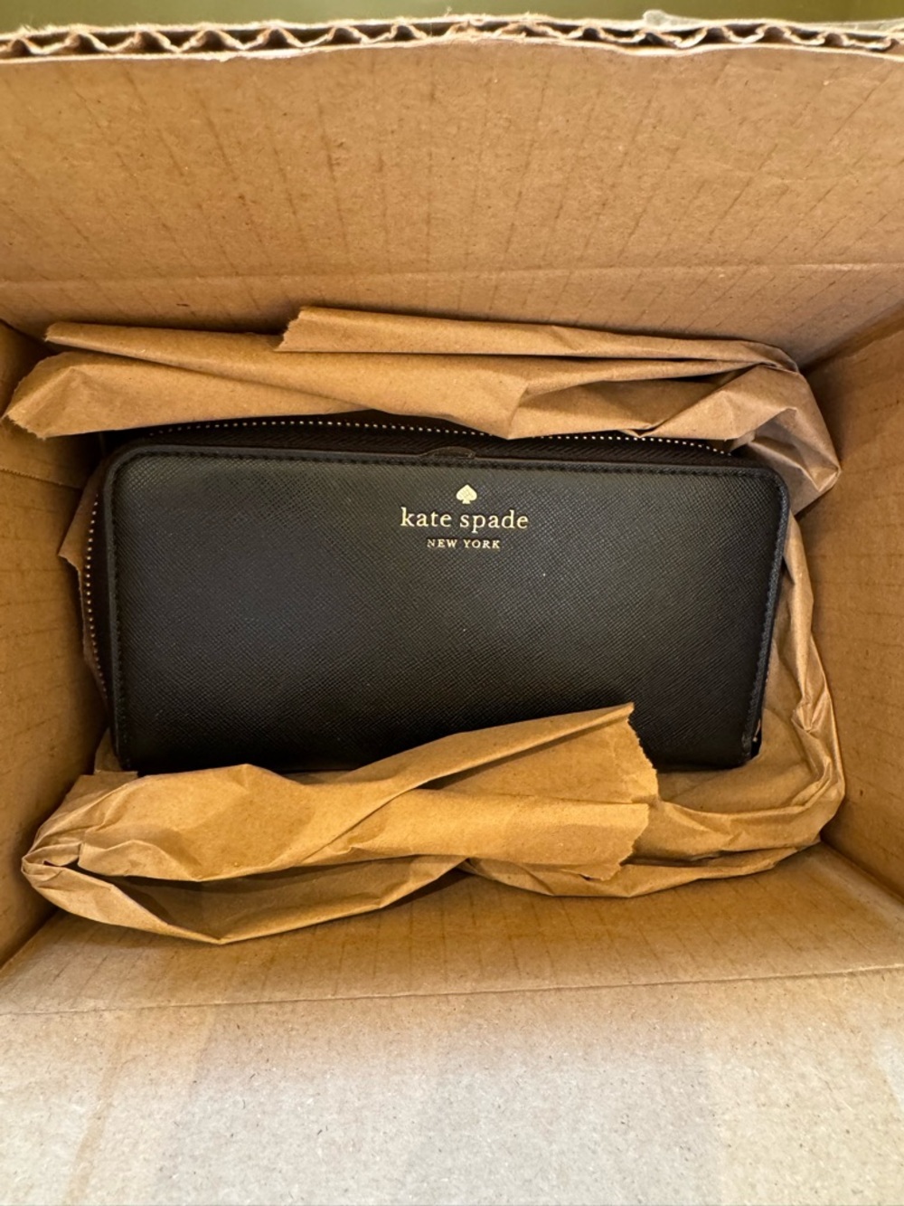 kate spade Black Saffiano Zip Wallet with Gold Logo